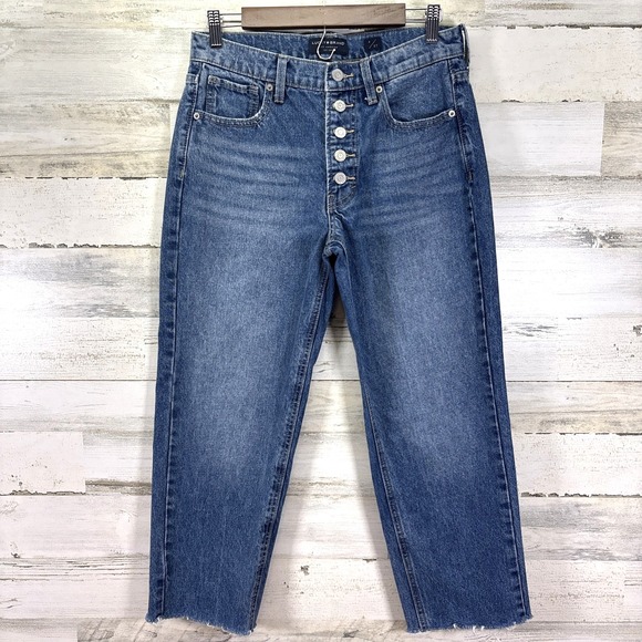 Lucky Brand Womens Blue BOY Mid‎ Rise Relaxed Raw Hem Button Fly Jeans Size 4 - Picture 1 of 8